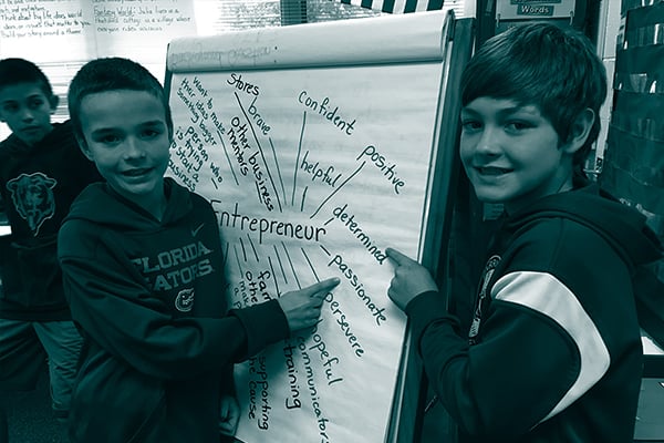 Two students pointing at brainstorm